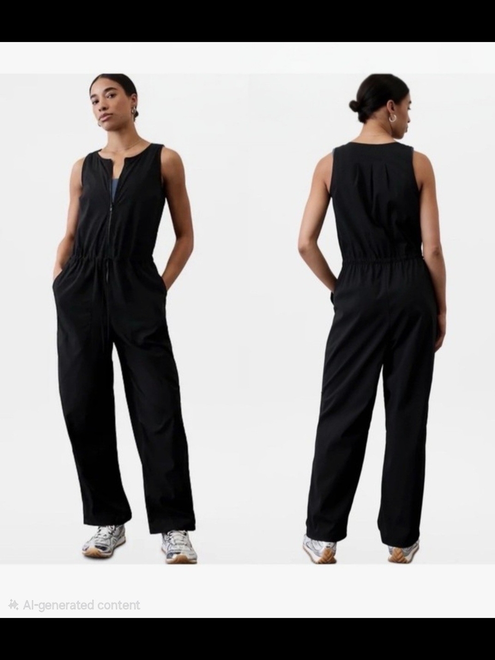 Athleta Black Athletic Jumpsuit Wide Leg Sleeveless Fron Zip